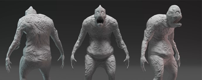 Three views of animated zombie figure