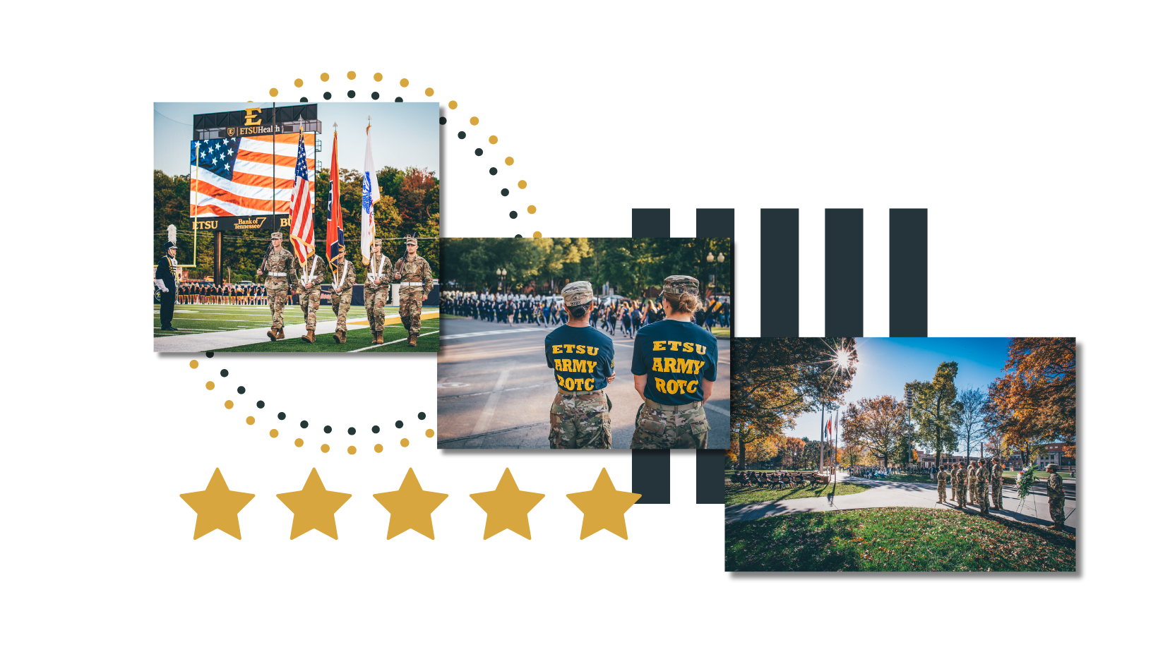 Picture collage of ROTC students on campus and presenting flags at a football game