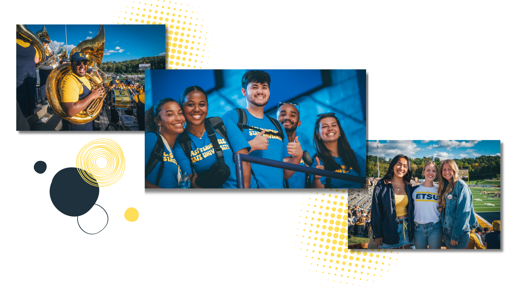 Picture collage of students in the band, at a football game, and at new student orientation.